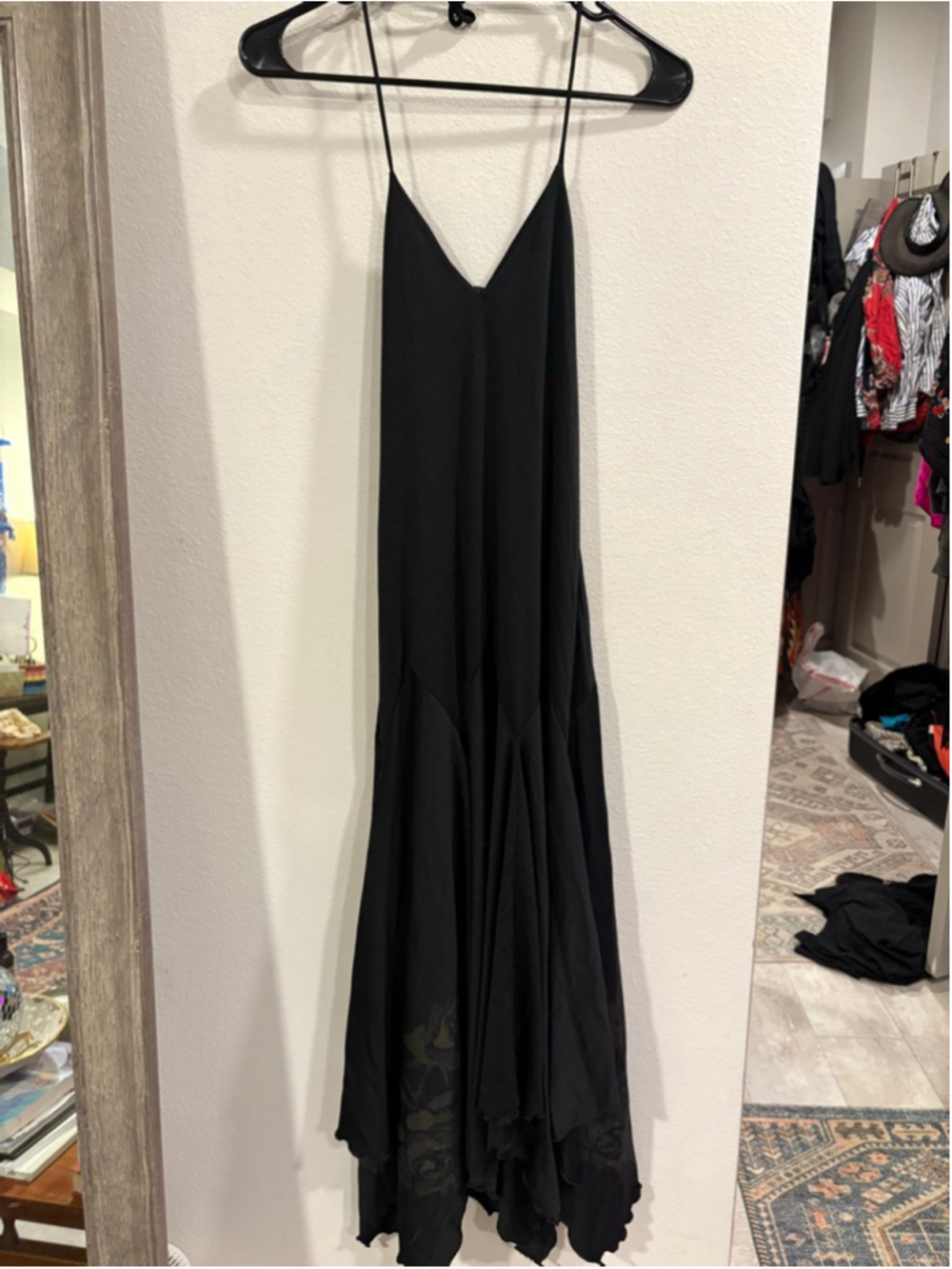 Vintage Whimsy Goth Black Handkerchief Hem Slip Dress Rose Print Size 7/8